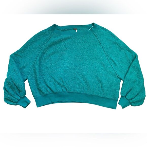 Free People Teal Boucle Cotton Blend Found My Friend Pullover Sweatshirt - Picture 6 of 12